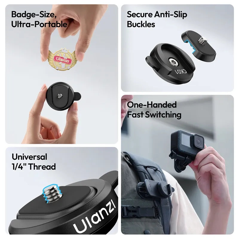 Badge-size, ultra-portable Ulanzi camera mount with secure anti-slip buckles and one-handed fast switching