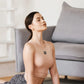 Woman practicing yoga indoors wearing Ulanzi A30 wireless lavalier microphone.