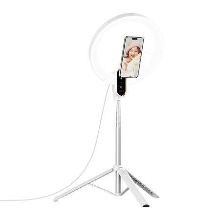 10-inch LED ring light with tripod and magnetic phone mount for content creation.