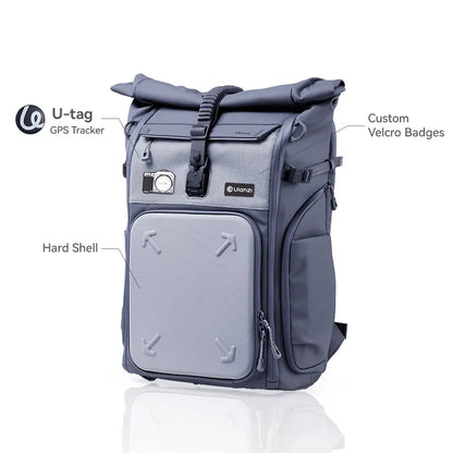 Ulanzi BP04 Hard Shell Camera Backpack with GPS Tracker and Velcro badges.