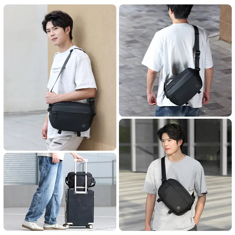 Man using Ulanzi 10L camera sling bag while traveling outdoors.