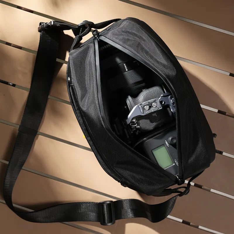 Open Ulanzi 10L camera sling bag showcasing camera gear inside