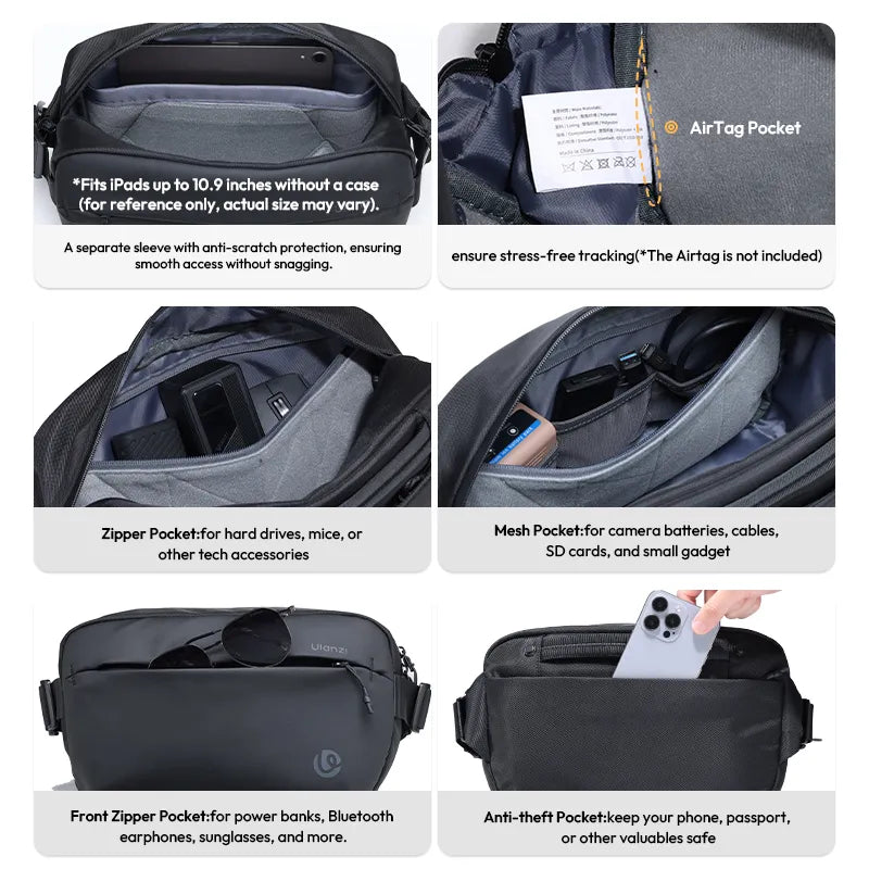 Interior features of Ulanzi 10L camera sling bag with pockets for gear and accessories.