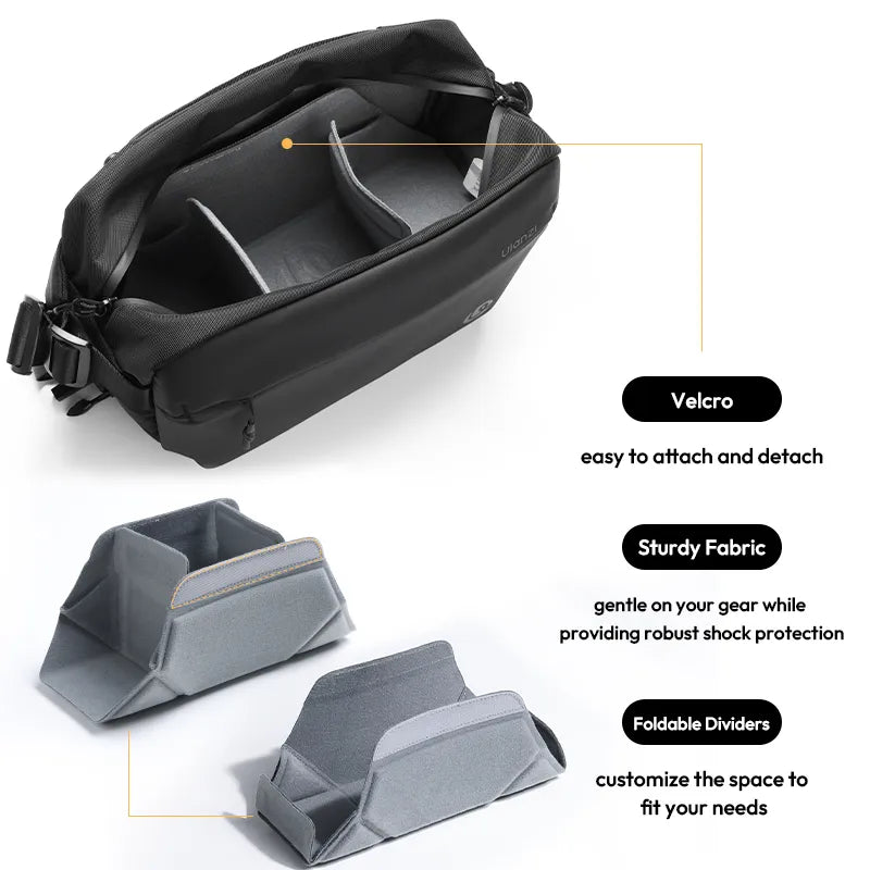 Ulanzi 10L camera sling bag interior with foldable dividers and Velcro for organization.